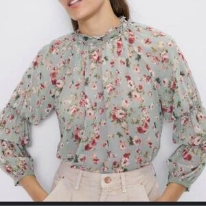 Floral Chiffon Blouse - Green and Red Zara